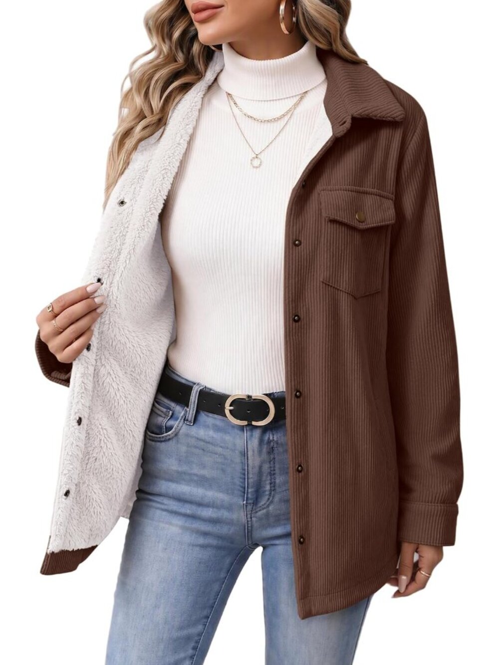 Womens Fleece Jackets Corduroy Shackets Snap Casual Fall Coat